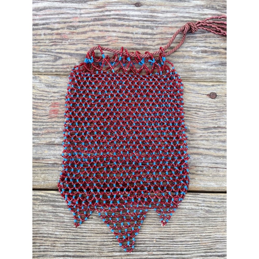 Antique Glass Beaded Pouch Draw String Purse Red Blue No lining